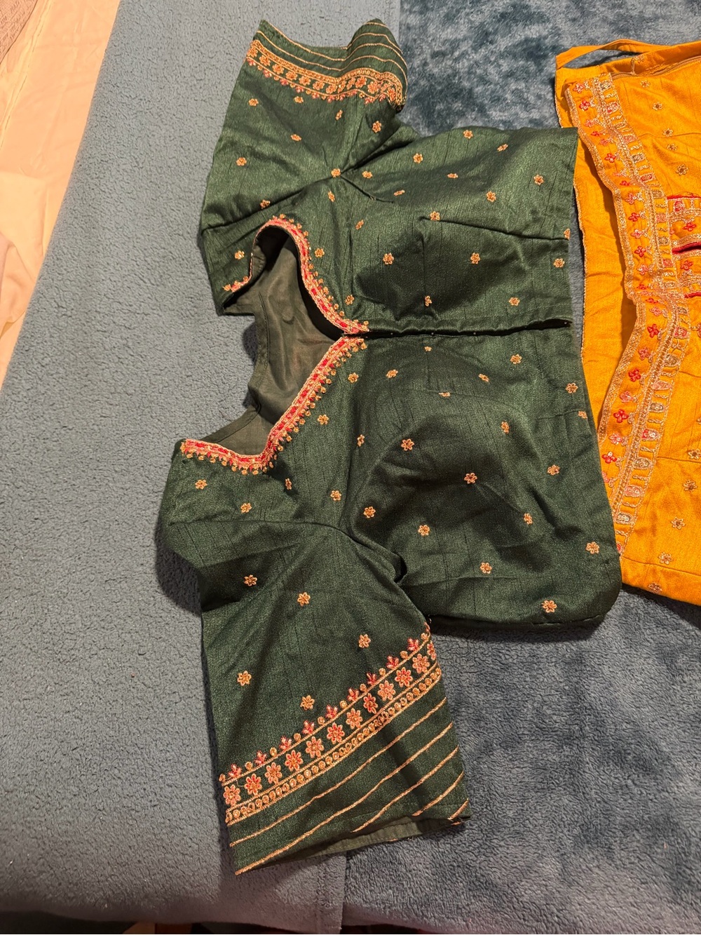 Embroidered Dark Green Indian Blouse with Pink Accents